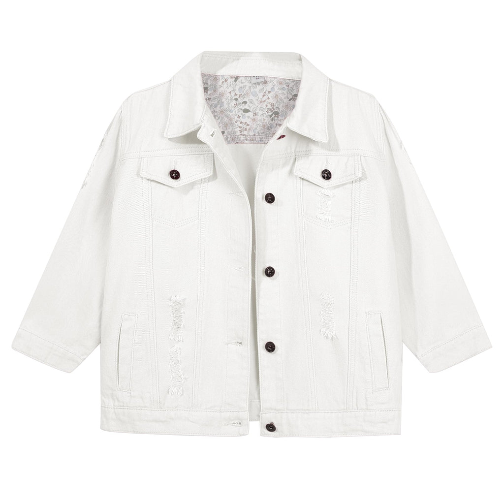 Hixiaohe Spring Summer Jean Jacket For Women Trendy Half Sleeve Button Down Short Denim Retro Cropped Trucker Coat - White