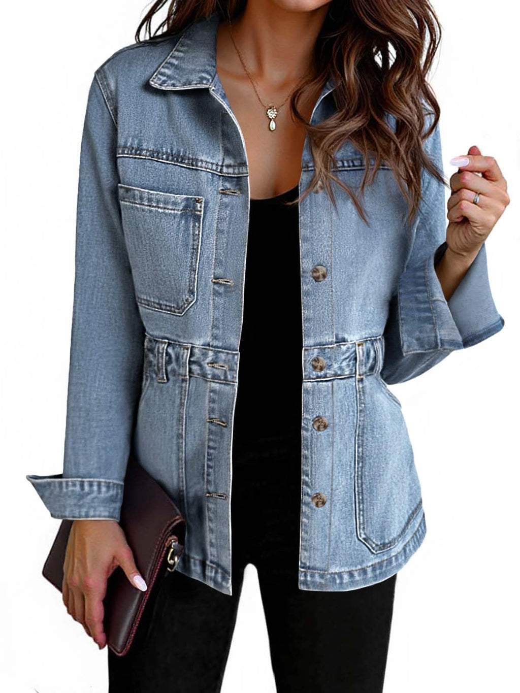 Tankaneo Womens Denim Jacket Distressed Jean Oversized Shacket - Baby Blue