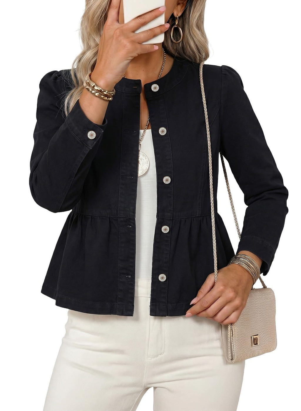 Dokotoo Cropped Jean Jacket Women Fashion Spring Summer Button Down Long Sleeve Cinched Waist Crop Denim Jackets For Rodeo Western Country