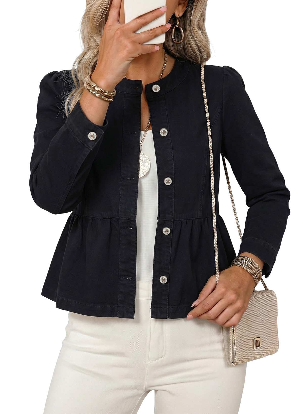 Dokotoo Cropped Jean Jacket Women Fashion Spring Summer Button Down Long Sleeve Cinched Waist Crop Denim Jackets For Rodeo Western Country