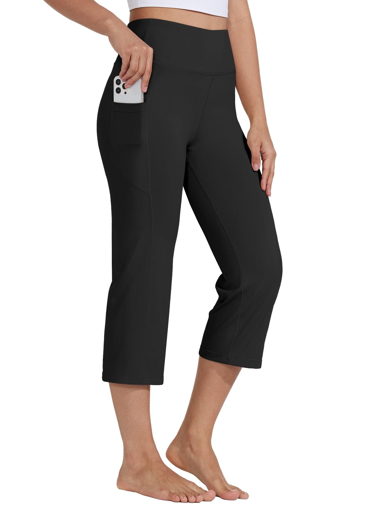Willit Women's Yoga Capris Pants High-Waist Leggings Crop - Black