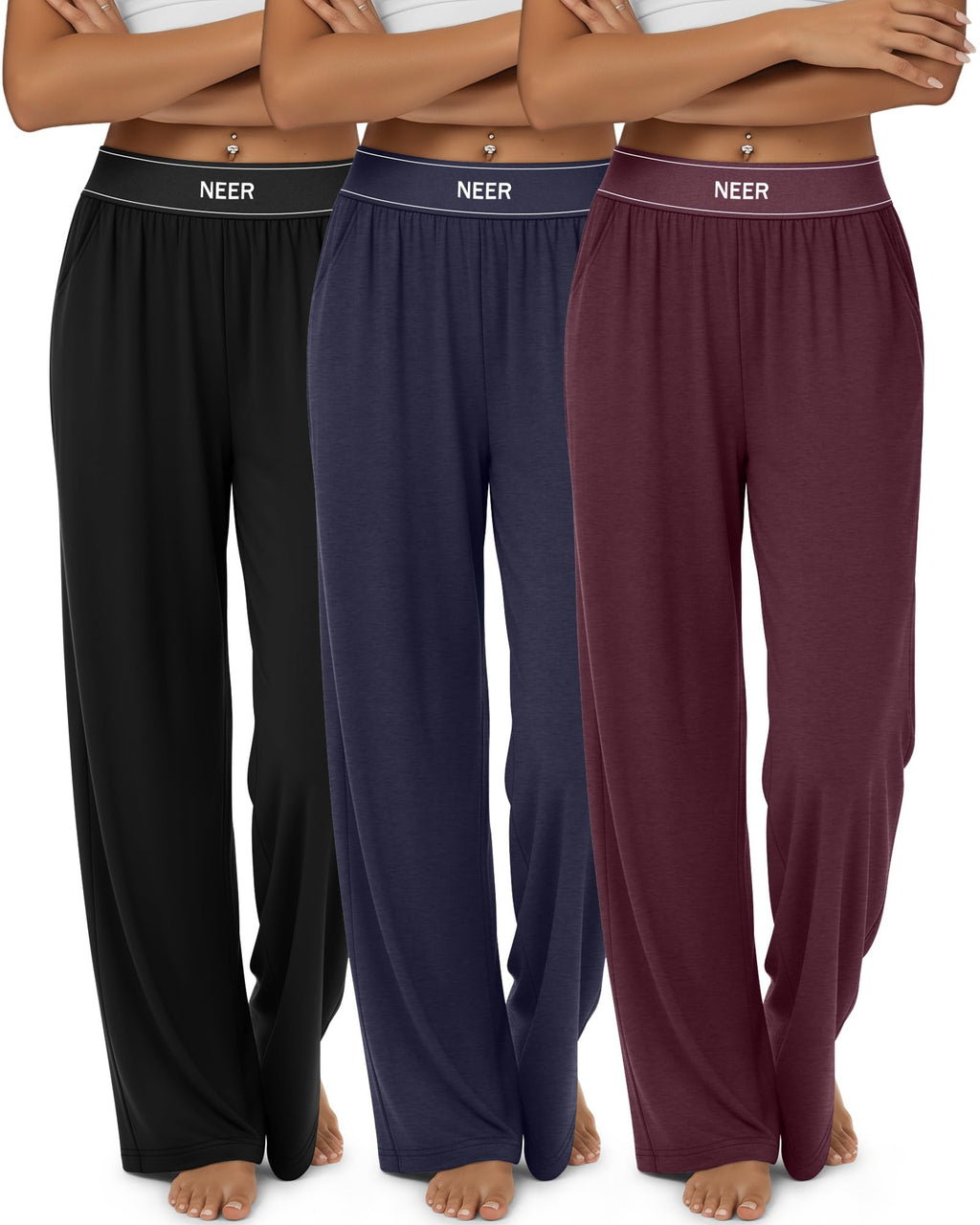 Neer 3 Pack Women's Cotton Lounge High-Waisted - Black, Wine Red,