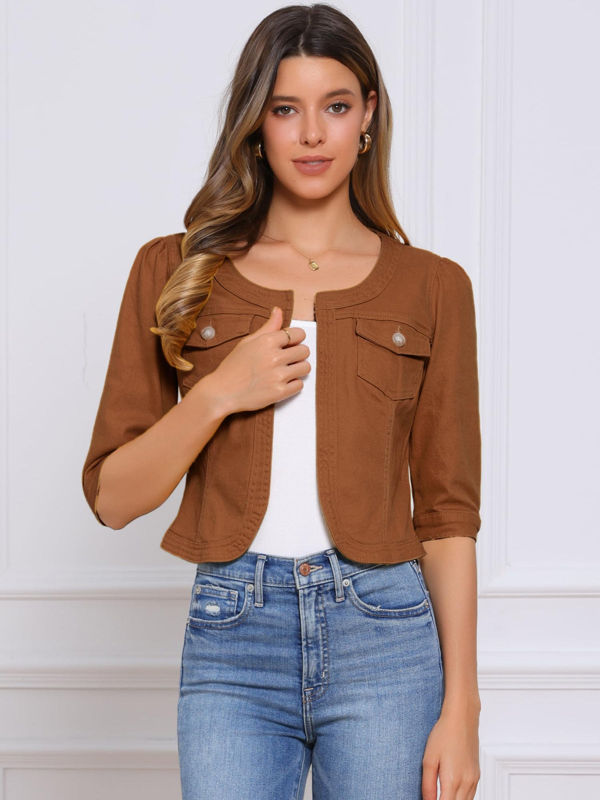 Allegra K Women's Denim Cardigan 3/4 Sleeve Collarless Jean Jackets - Yellowish Brown