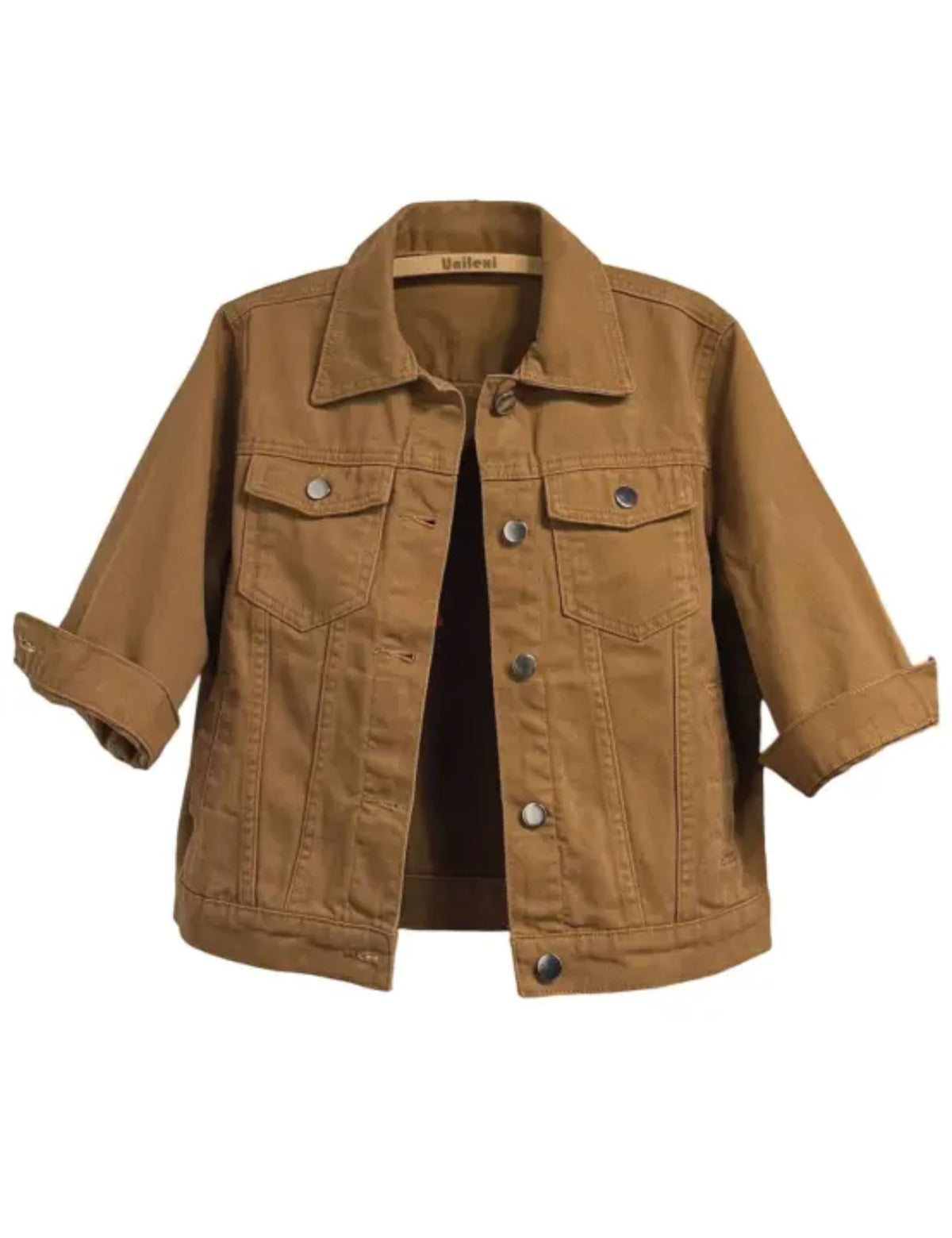Unilexi Women's 3/4 Sleeve Colored Cropped Denim Jacket Light Wash Short Jean Trucker Coat(0098-brown-s)