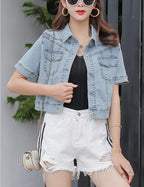 Omoone Women's Summer Short Sleeve Crop Denim Trucker Jacket Jean Coat Tops(lightblue-s) - Light Blue
