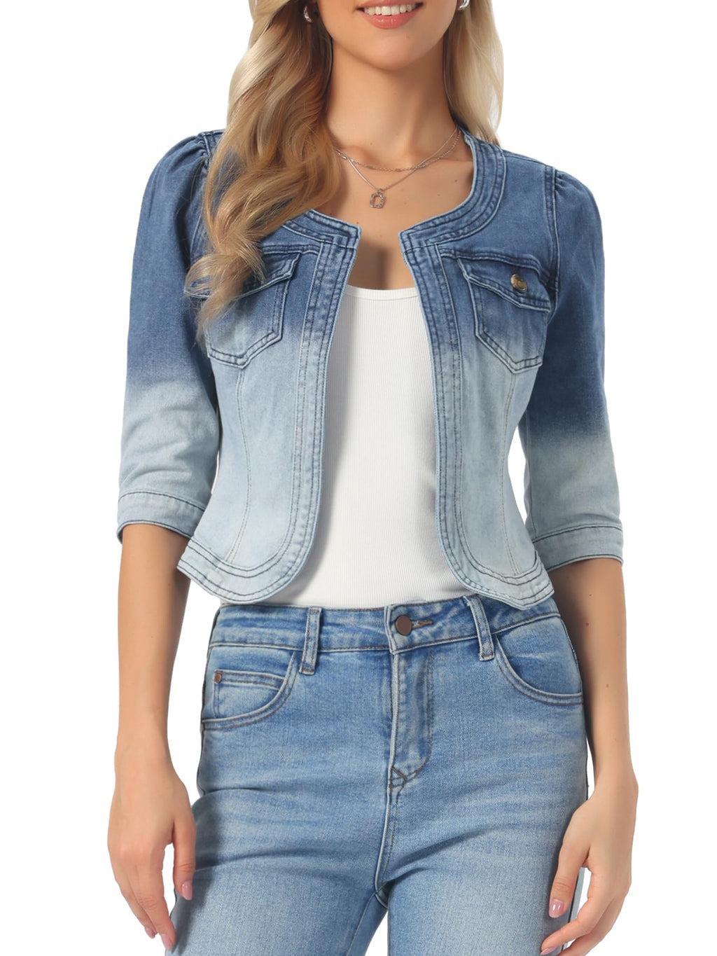 Allegra K Women's Denim Cardigan 3/4 Sleeve Collarless Jean Jackets - Blue White