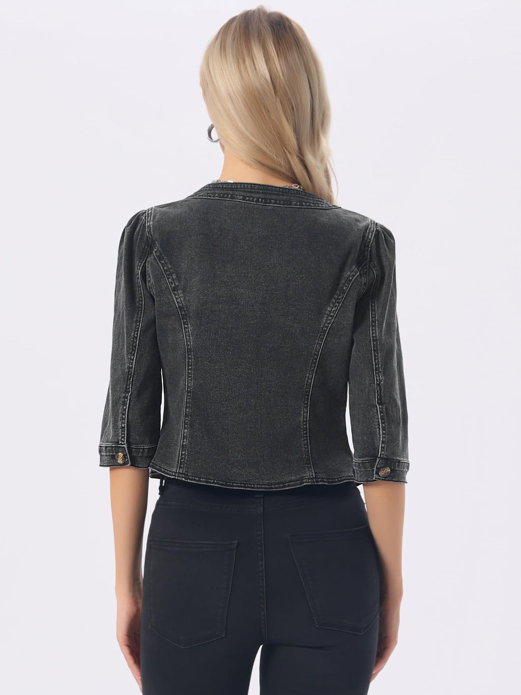 Allegra K Women's Denim Cardigan 3/4 Sleeve Collarless Jean Jackets - Dark Gray