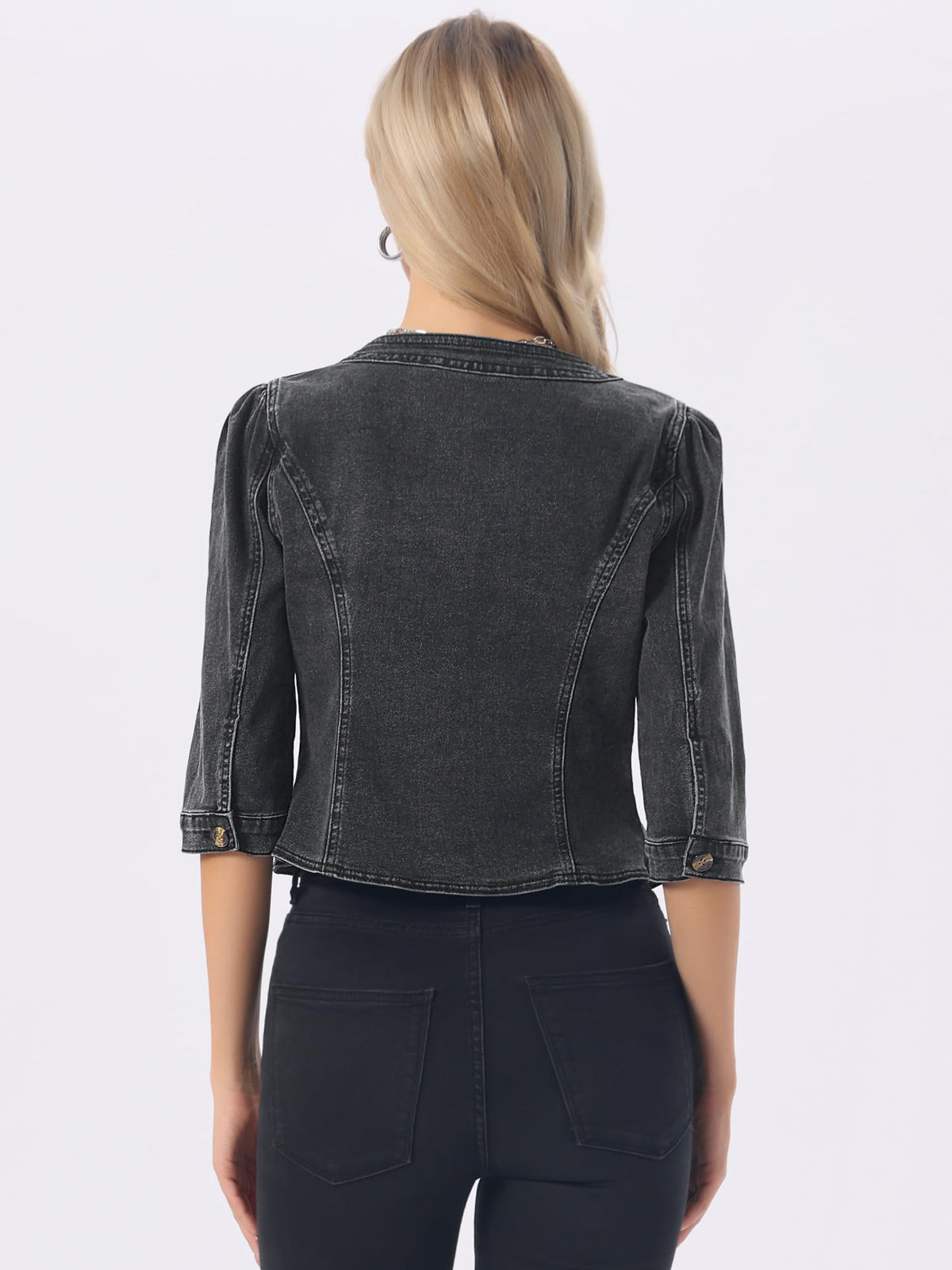 Allegra K Women's Denim Cardigan 3/4 Sleeve Collarless Jean Jackets - Dark Gray