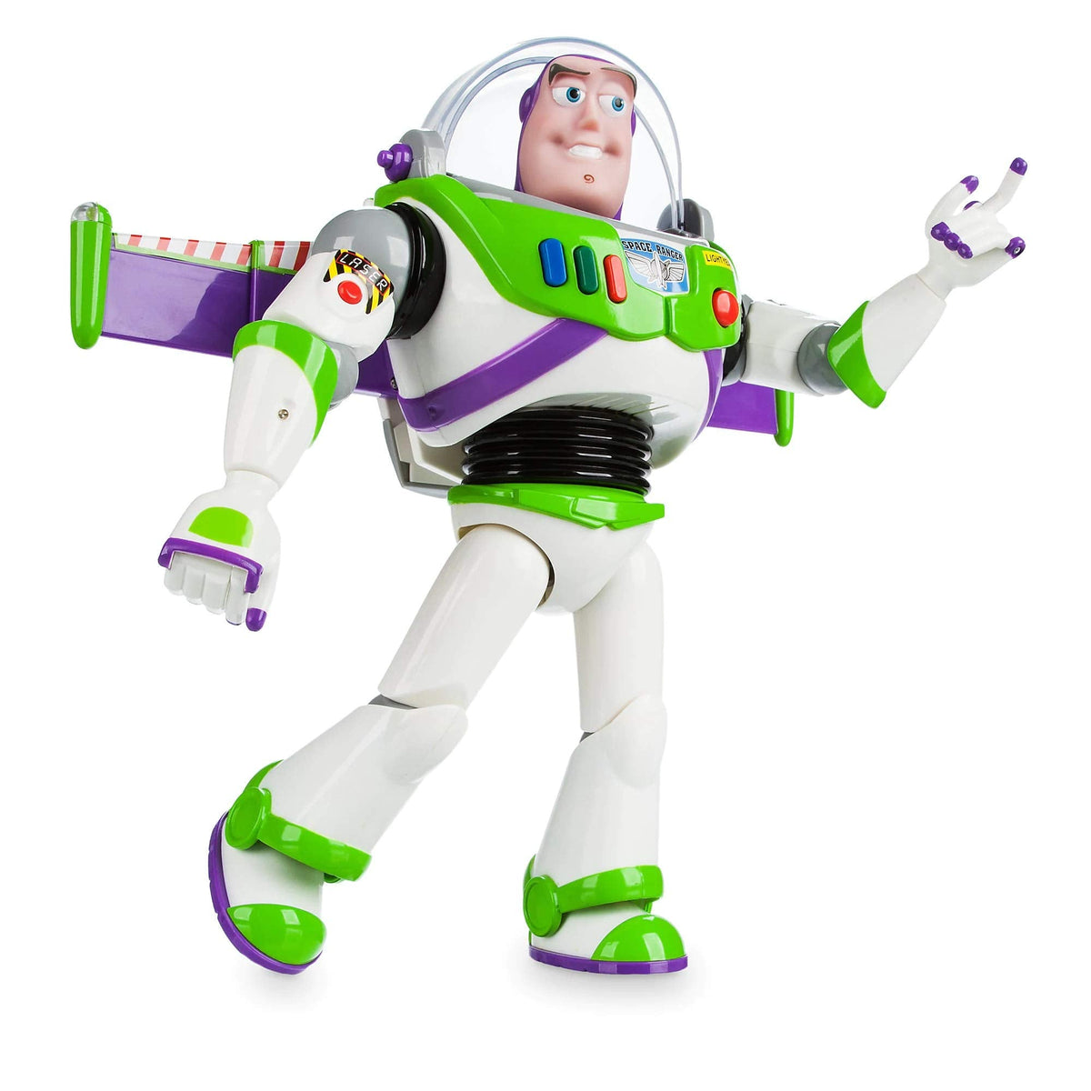 Toy figure of Buzz Lightyear from Toy Story on a white background