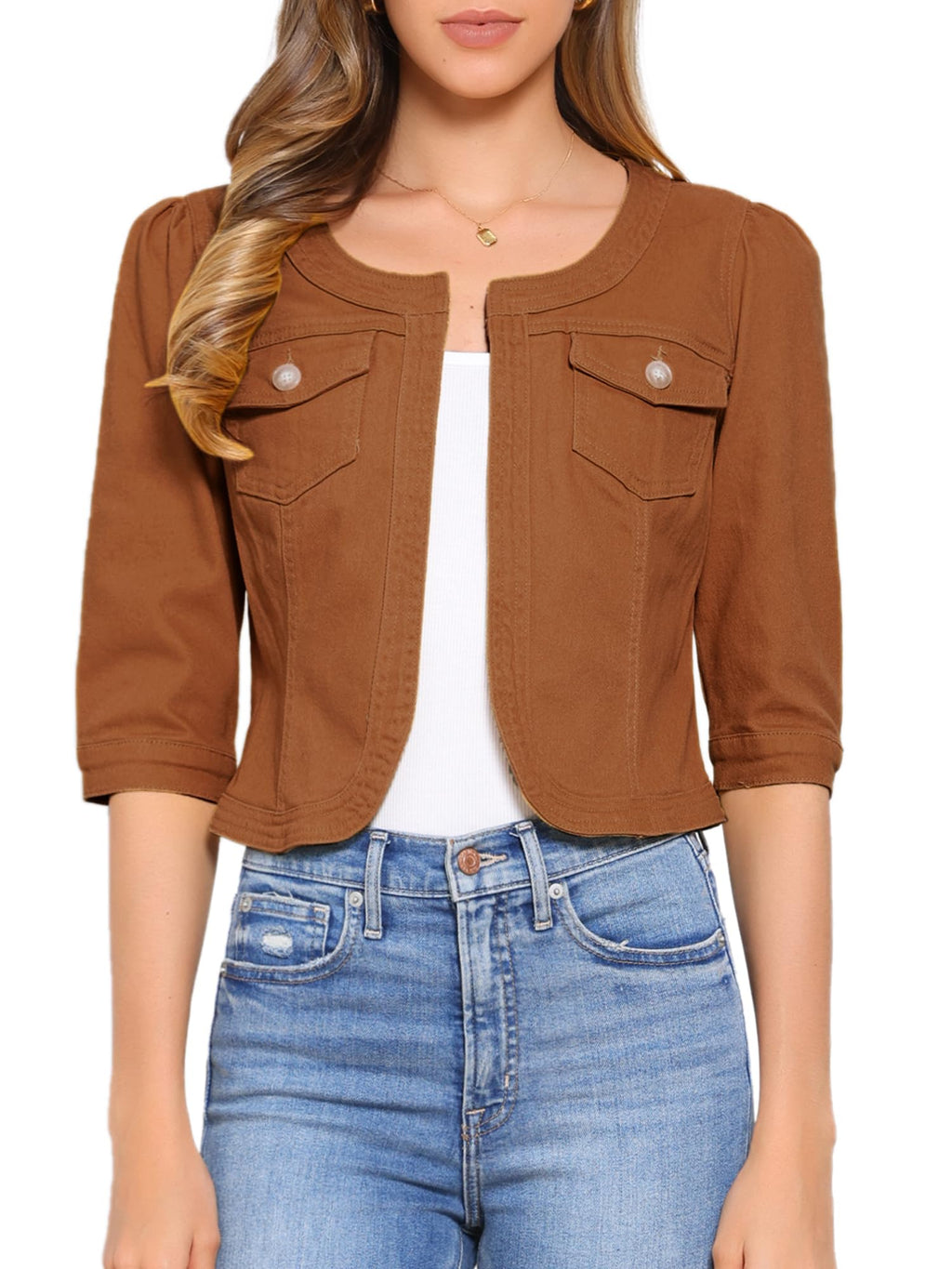 Allegra K Women's Denim Cardigan 3/4 Sleeve Collarless Jean Jackets - Yellowish Brown