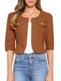 Allegra K Women's Denim Cardigan 3/4 Sleeve Collarless Jean Jackets - Yellowish Brown