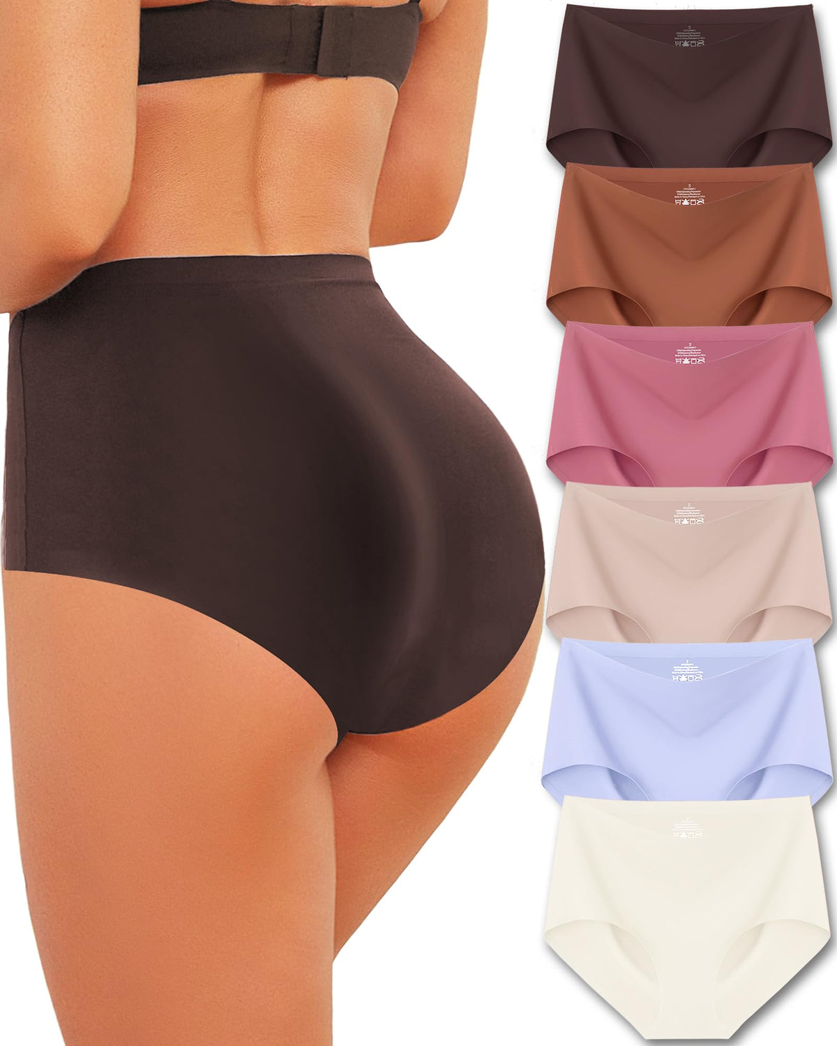 High Waisted Seamless Underwear Women's Briefs Panties No Show 6 Pack M