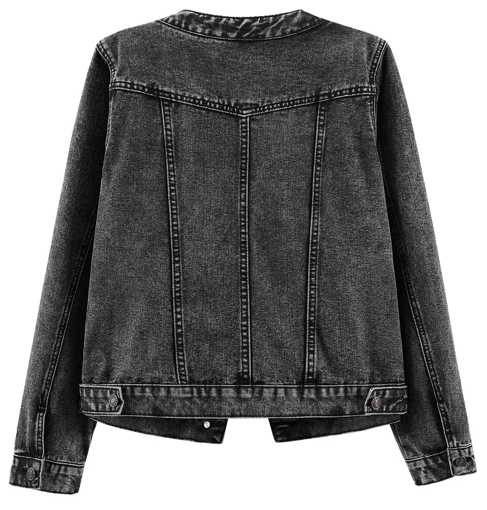 Kedera Women's Denim Jacket Button Down Collarless Long Sleeve Washed Round Neck Jean Jackets - Black01