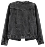 Kedera Women's Denim Jacket Button Down Collarless Long Sleeve Washed Round Neck Jean Jackets - Black01