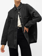 Emmiol Women Denim Shirts Oversized Long Sleeve Button Down Blouse Distresse Jean Jacket Fall Outfits 2026 Black,2xl