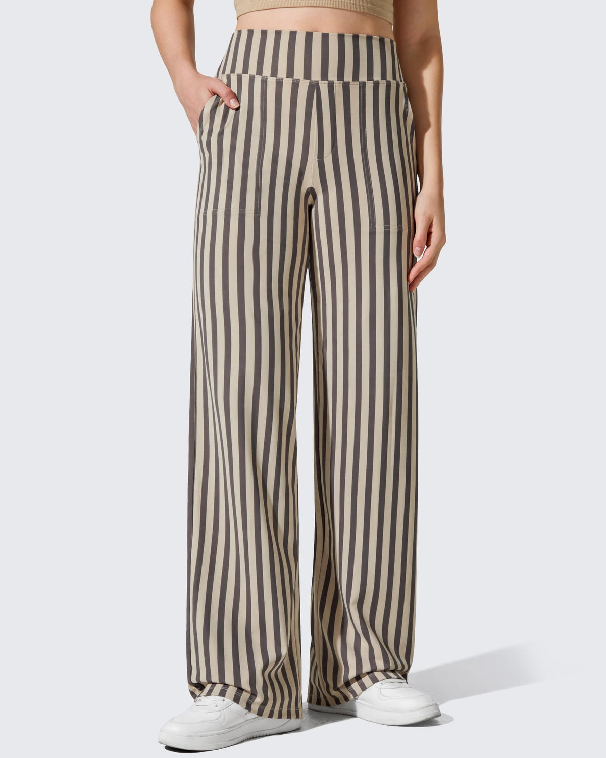 G4free Wide-Leg Pants For Women With Pockets Stretch Khaki Stripe M