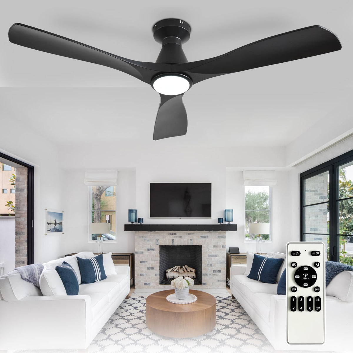 Depuley 52-Inch Ceiling Fans with Lights: Black 3 Blade Flush Mount Low Profile Ceiling Fan for Bedroom - Dimmable Indoor Outdoor Fan with Remote Control Ultra Quiet DC Motor Timer
