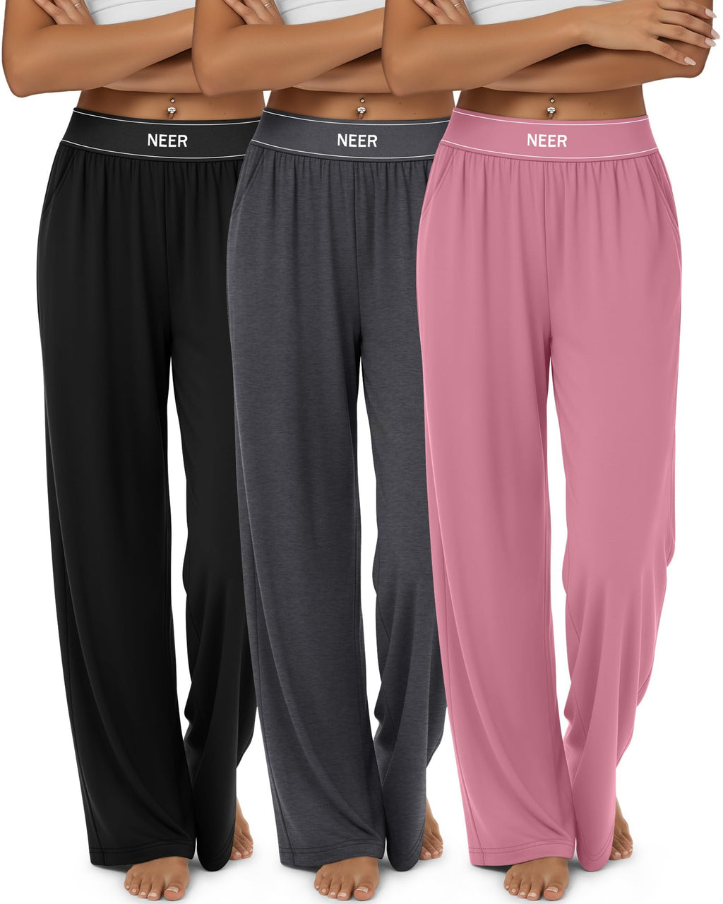 Neer 3 Pack Women's Cotton Lounge High-Waisted Pants - Style 3