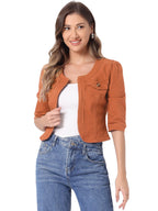 Allegra K Women's Denim Cardigan 3/4 Sleeve Collarless Jean Jackets - Orange