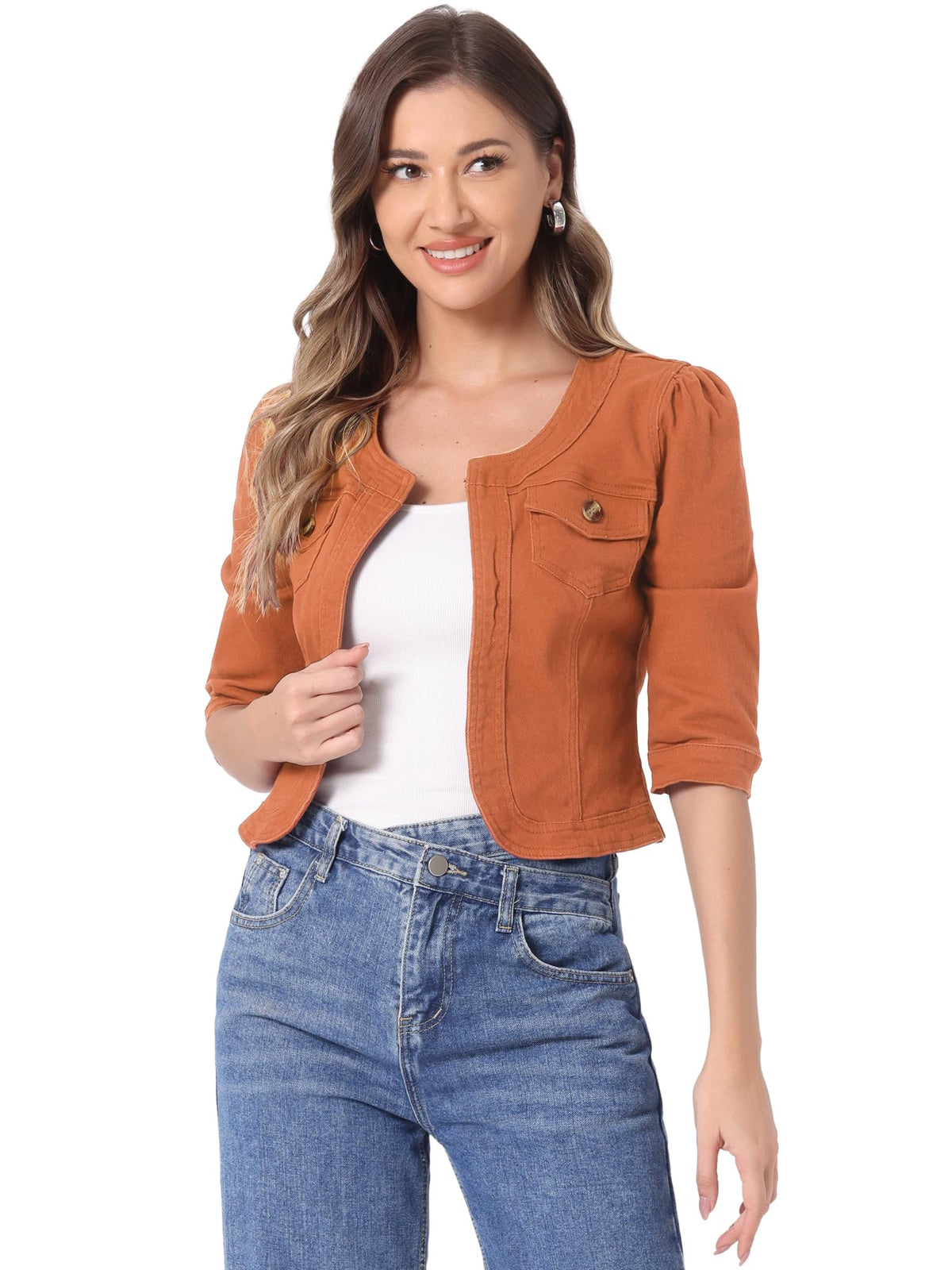 Allegra K Women's Denim Cardigan 3/4 Sleeve Collarless Jean Jackets - Orange