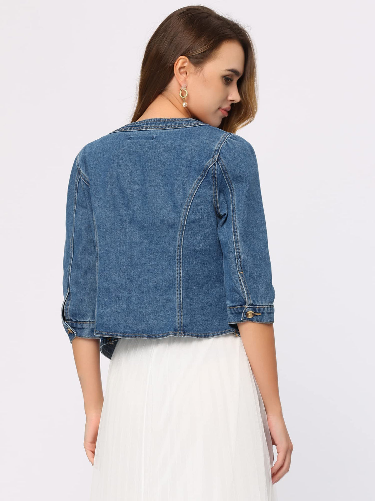 Allegra K Women's Denim Cardigan 3/4 Sleeve Collarless Jean Jackets - Blue