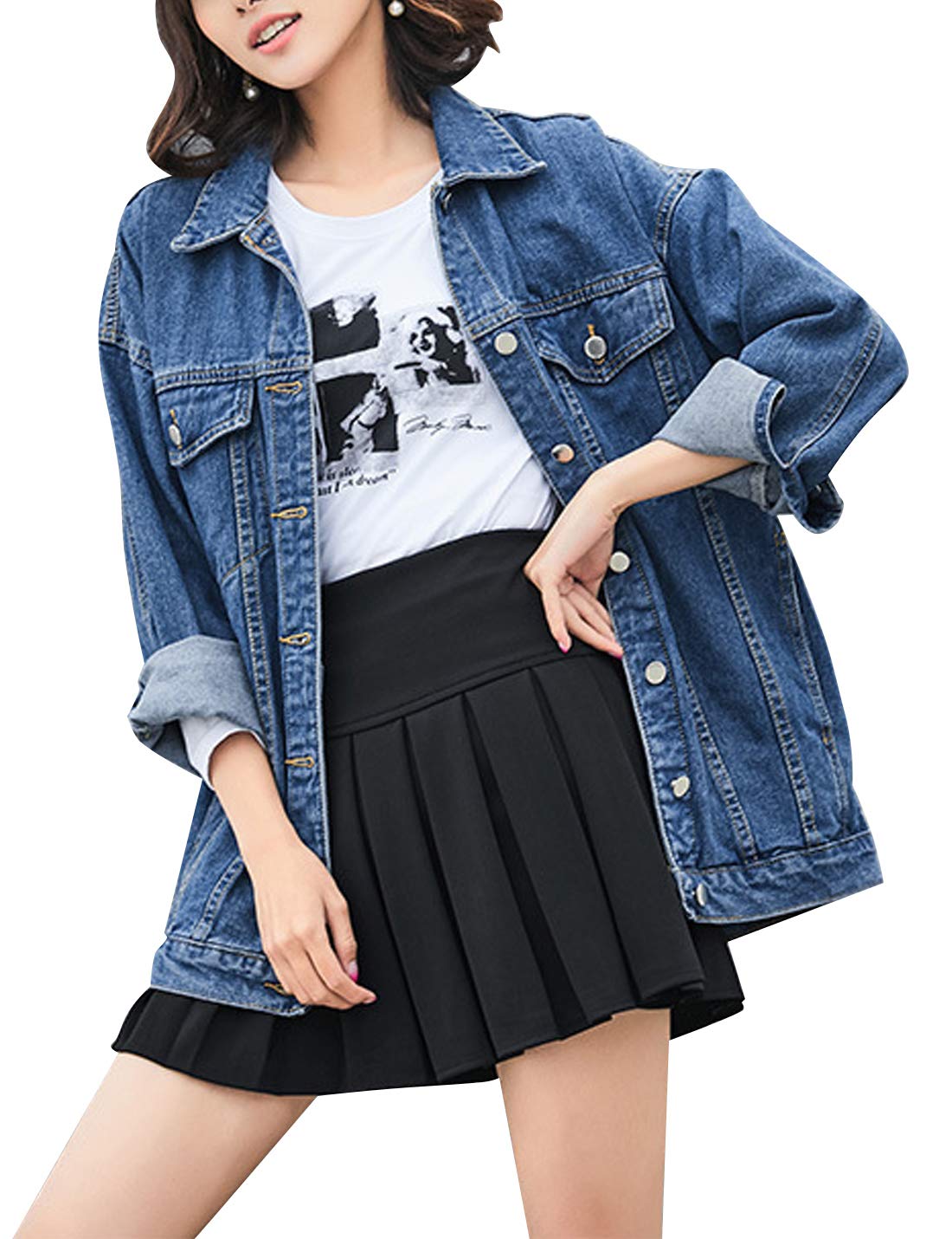Omoone Women's Oversized Mid Long Denim Jacket Jean Biker Coat(0199-dark Blue-s)