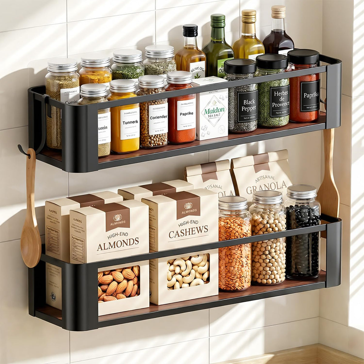 Wall Mounted Spice Rack, Black, 2 Pack | 2 Hooks Included, Screw or Adhesive Installation, For Stove Cabinet Pantry Door, Kitchen and RV Use