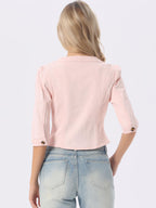Allegra K Women's Denim Cardigan 3/4 Sleeve Collarless Jean Jackets - Light Pink