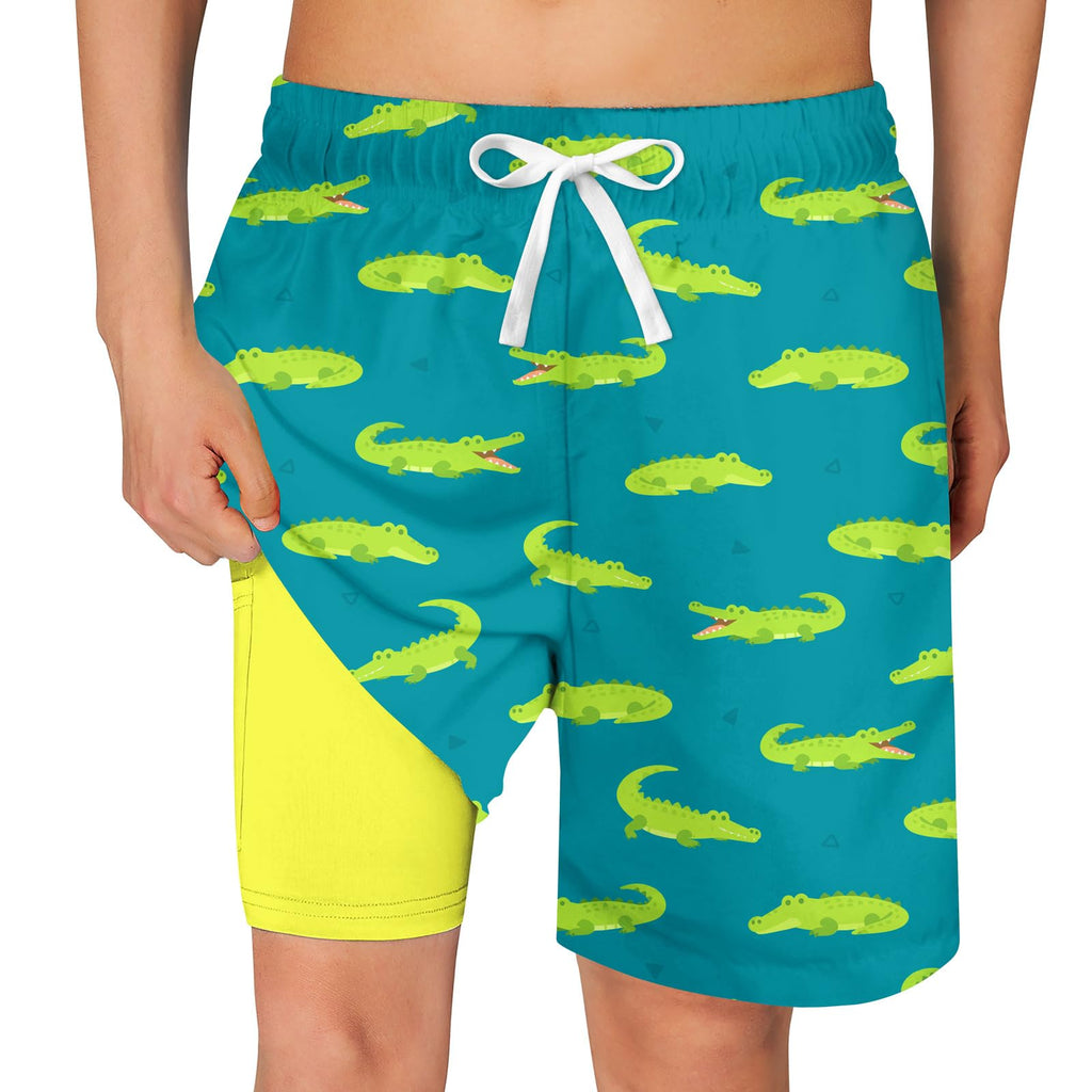 Cozople Bathing Suits for Teens Funny Hawaii Stylish Swim Trunks Swimwear Boxer Brief Liner Beach Board Shorts Green Crocodile Soft Elastic Waist Surf Swimsuit for Casual Sports Running Size 18-20