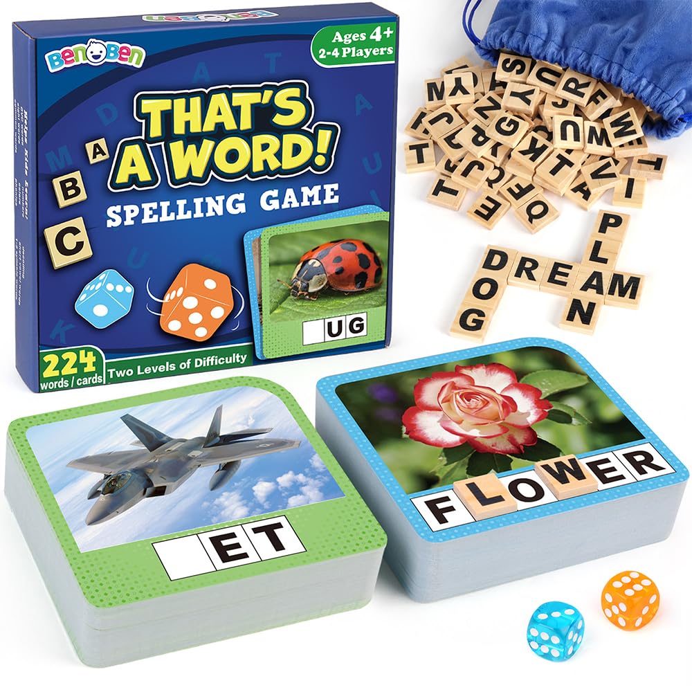 BenBen Spelling Games, 224 Flashcards, 208 Wood Letter Tiles, 1-4 Players, Learning Games for Kids 4-8, Educational Toys for Kindergarten 1st 2nd Grade, Preschool Classroom Must Haves