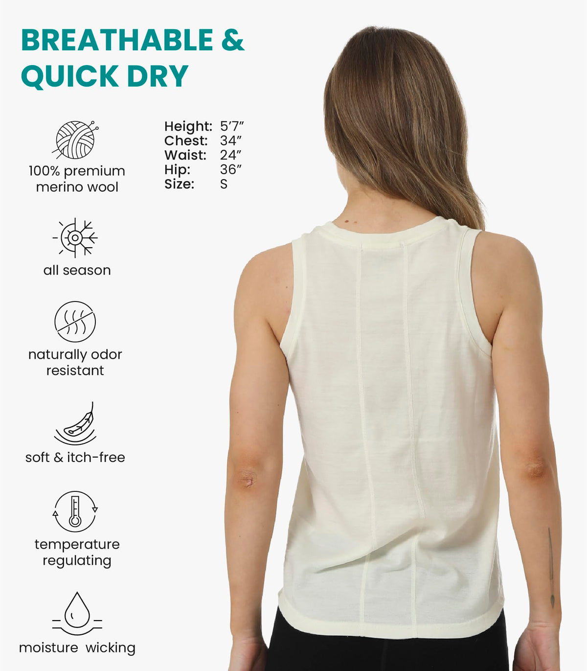 100% Merino Wool Tank Top Women - Active Sleeveless Undershirt Base Layer (Small, H: Off White)