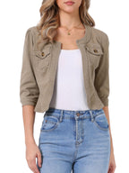 Allegra K Women's Denim Cardigan 3/4 Sleeve Collarless Jean Jackets - Khaki Brown
