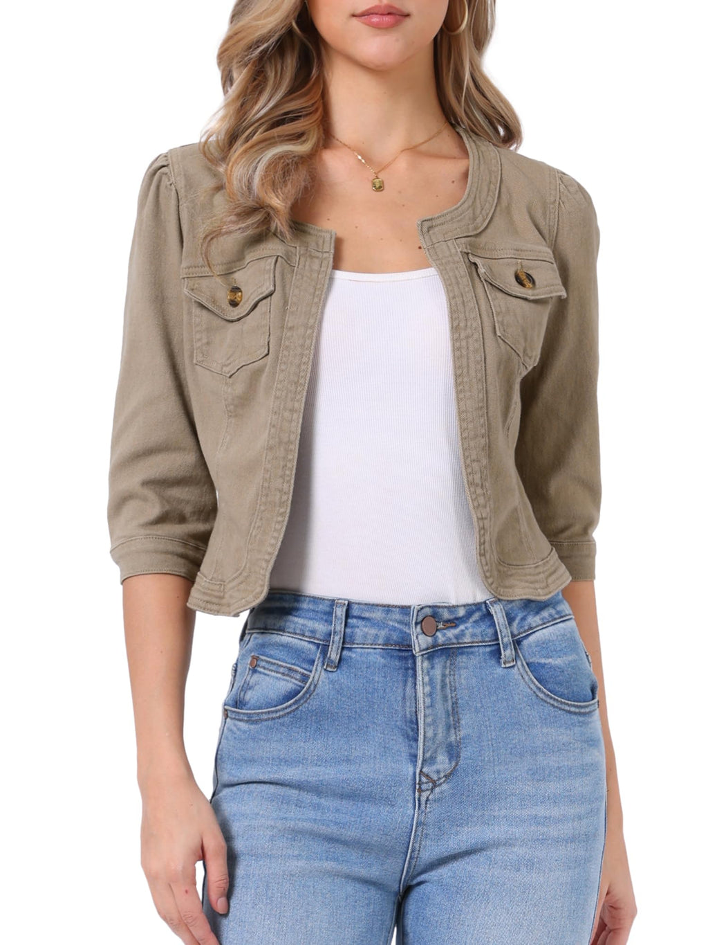 Allegra K Women's Denim Cardigan 3/4 Sleeve Collarless Jean Jackets - Khaki Brown