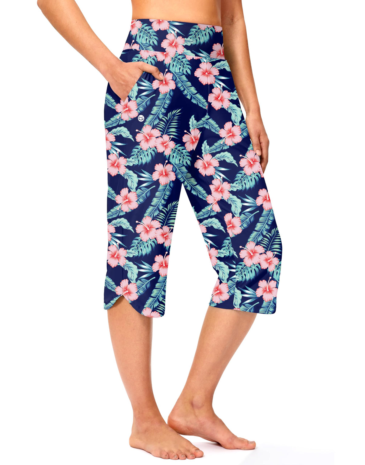 G Gradual Women's 18'' Swim Capri Pants with Pockets(Navy Flower,L)