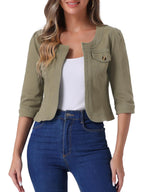 Allegra K Women's Denim Cardigan 3/4 Sleeve Collarless Jean Jackets - Field Grey