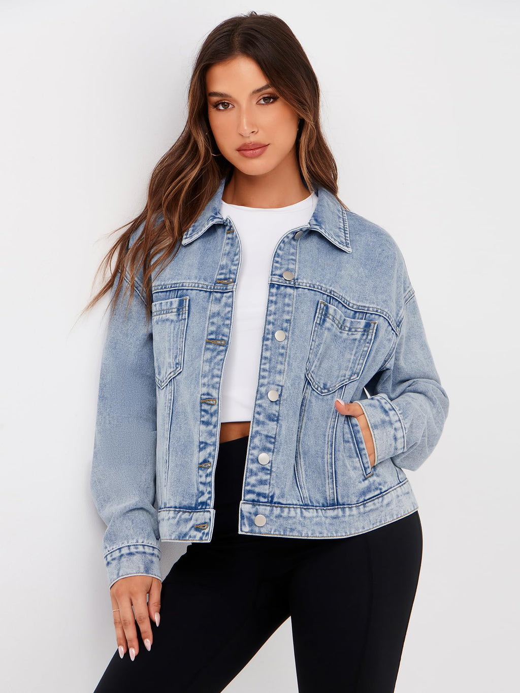 Glamaker Womens Cloths Oversized Jean Jacket Casual Long Sleeve Button Down Denim Fall Coat (light Blue M)
