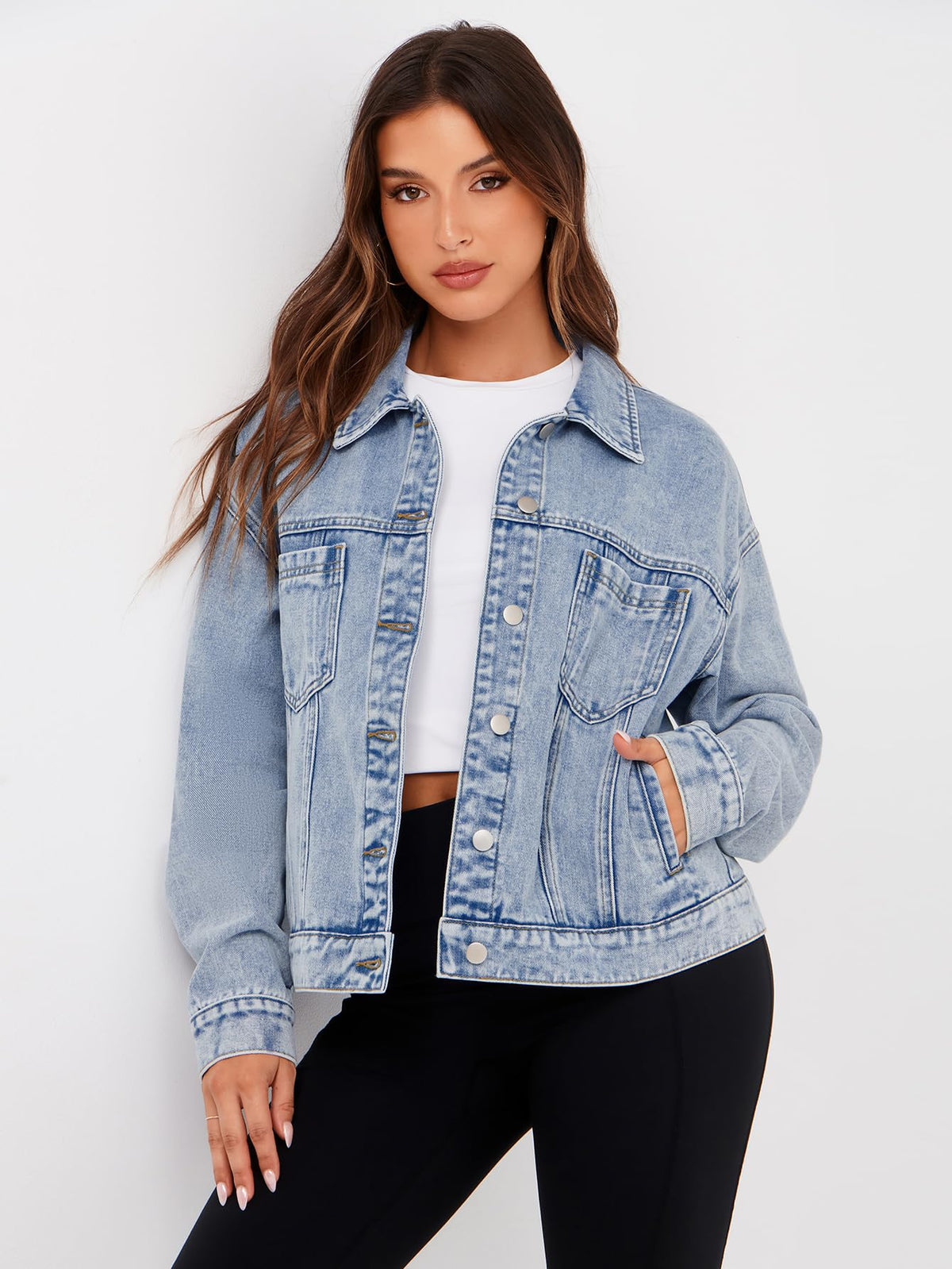 Glamaker Womens Cloths Oversized Jean Jacket Casual Long Sleeve Button Down Denim Fall Coat (light Blue M)