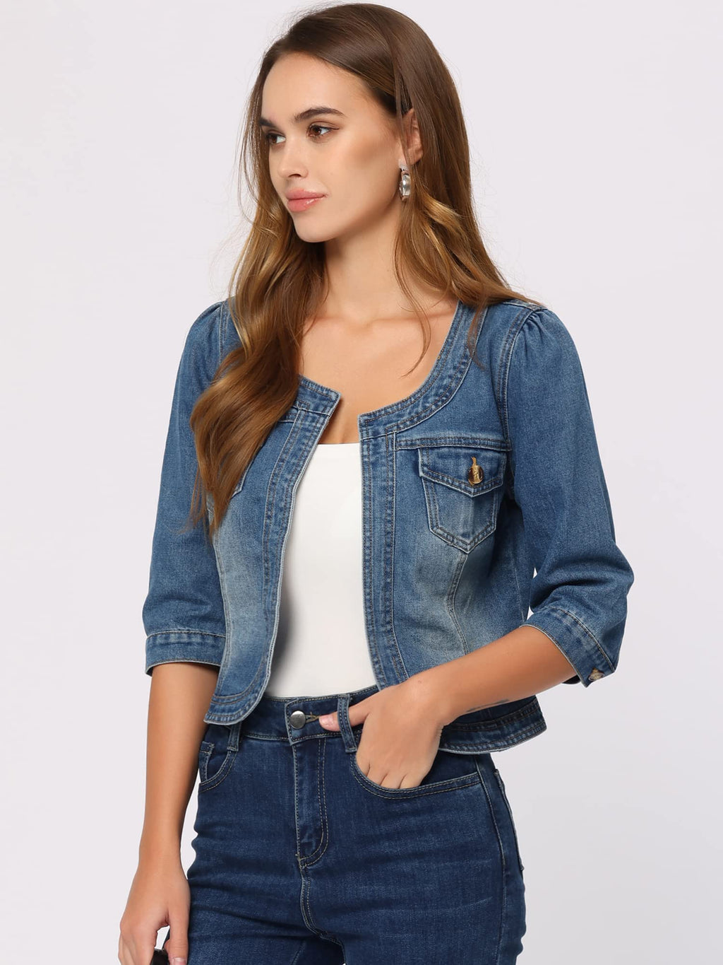 Allegra K Women's Denim Cardigan 3/4 Sleeve Collarless Jean Jackets - Blue