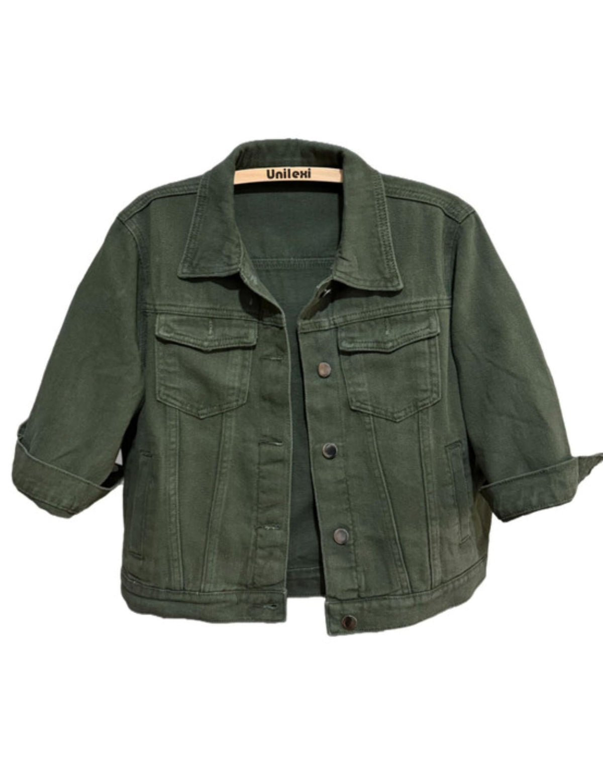 Unilexi Women's 3/4 Sleeve Colored Cropped Denim Jacket Light Wash Short Jean Trucker Coat(0096-armygreen-xs)