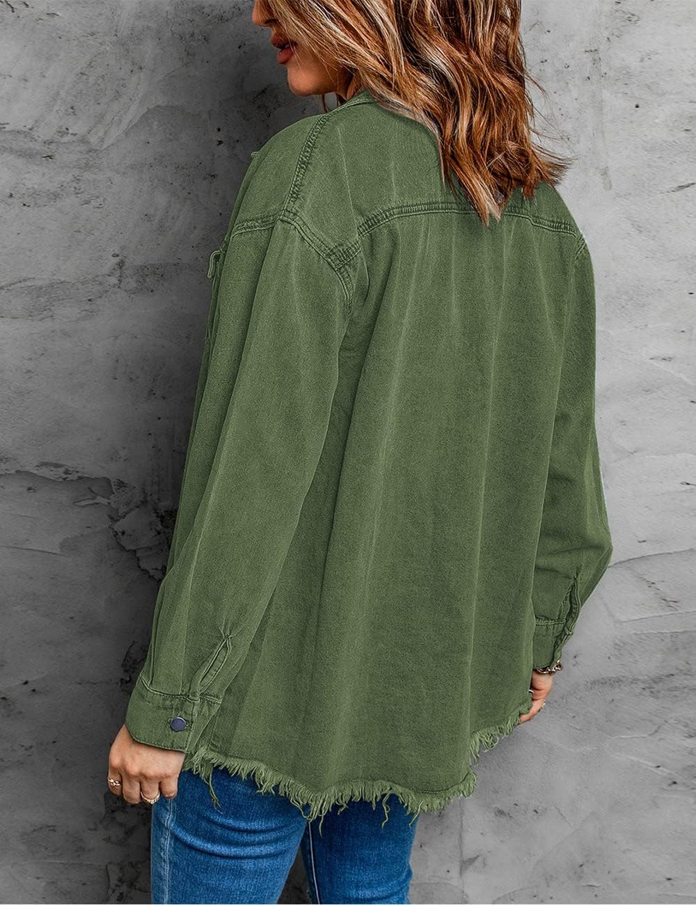 Vetinee Women's Oversized Boyfriend Elm Green Front Button Up Frayed Raw Hem Long Sleeve Pockets Denim Jean Jacket Shacket Xsmall Size 0 2