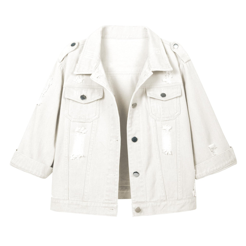 Hixiaohe Spring Summer Jean Jacket For Women Trendy Half Sleeve Button Down Short Denim Retro Cropped Trucker Coat - Beige