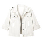 Hixiaohe Spring Summer Jean Jacket For Women Trendy Half Sleeve Button Down Short Denim Retro Cropped Trucker Coat - Beige