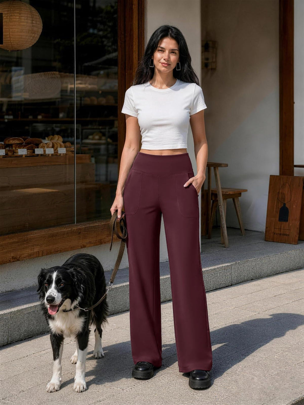Women's Copyleaf Wide-Leg Pants Woman High-Waist Casual Lounge - Wine