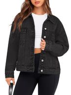 Glamaker Fashion Winter Black Denim Jacket Coat Casual Long Sleeve Jean For Women Trendy Outfits (black S)