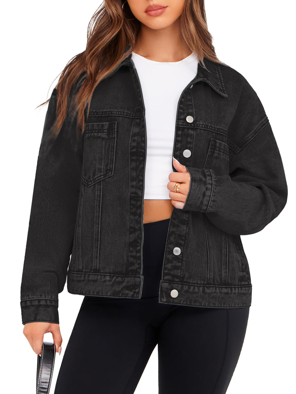Glamaker Fashion Winter Black Denim Jacket Coat Casual Long Sleeve Jean For Women Trendy Outfits (black XL)