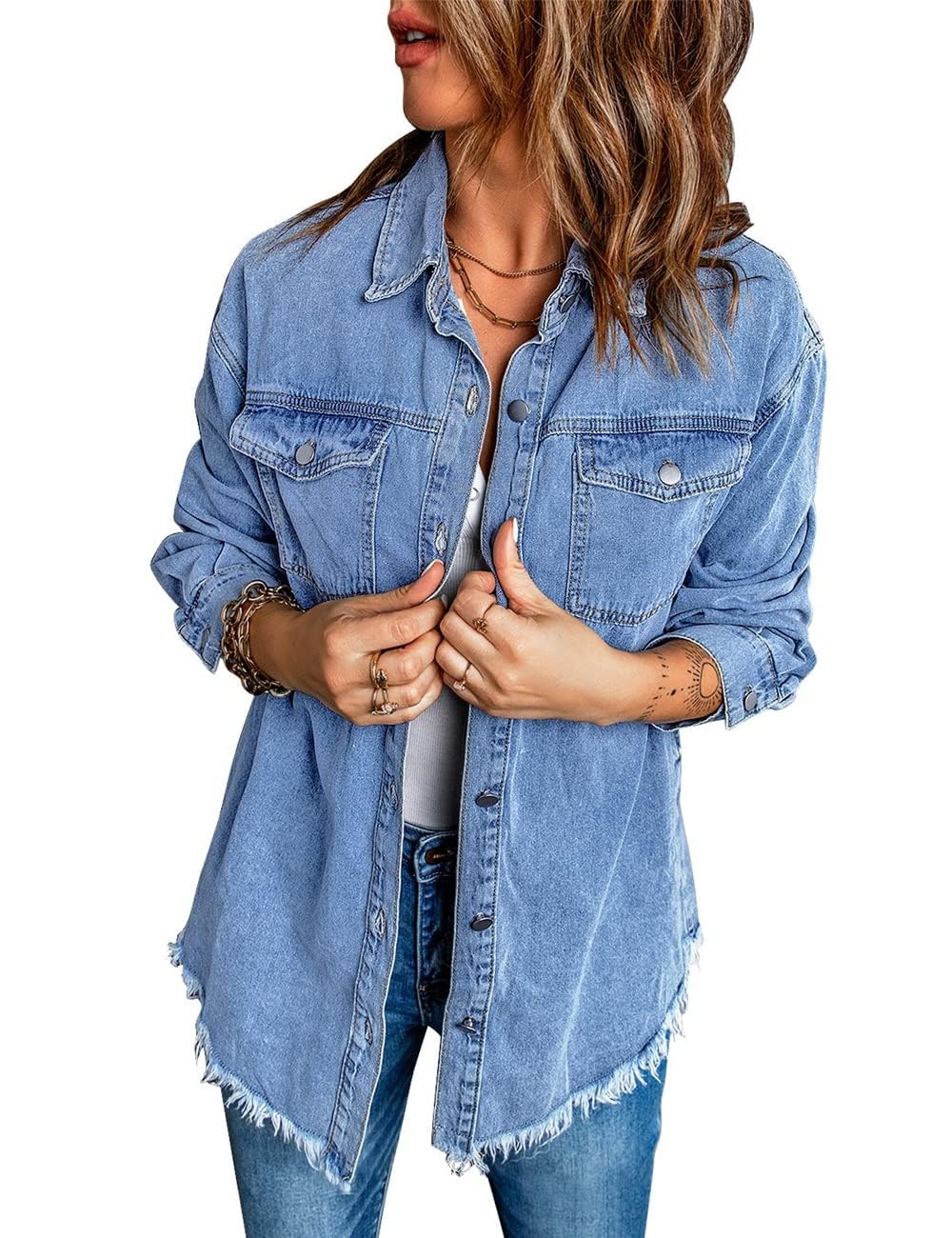 Vetinee Women's Concert Outfits For Women Oversized Boyfriend Wave Blue Front Button Up Frayed Raw Hem Long Sleeve Pockets Denim Jean