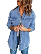 Vetinee Women's Concert Outfits For Women Oversized Boyfriend Wave Blue Front Button Up Frayed Raw Hem Long Sleeve Pockets Denim Jean