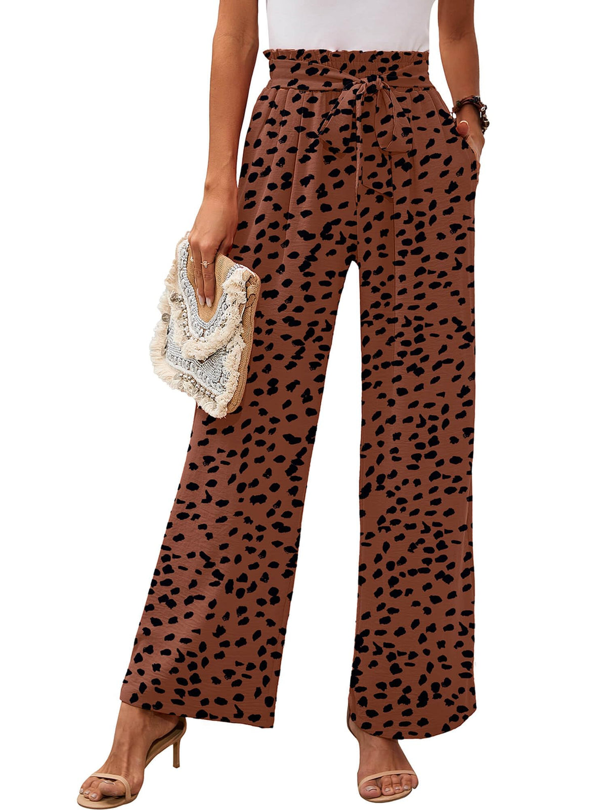 Heymoments Women's Wide-Leg Lounge Pants With Pockets Coffee Leopard