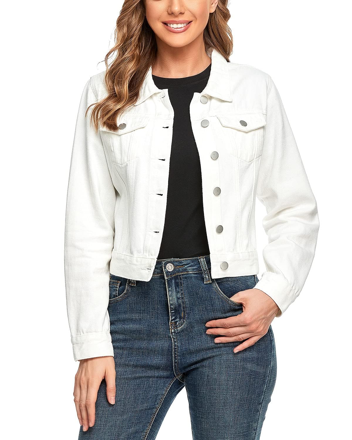 Andy & Natalie Women's Denim Jacket Trendy Long Sleeve Basic Button Down Cropped Jean With Pockets White Small