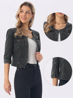 Allegra K Women's Denim Cardigan 3/4 Sleeve Collarless Jean Jackets - Dark Gray